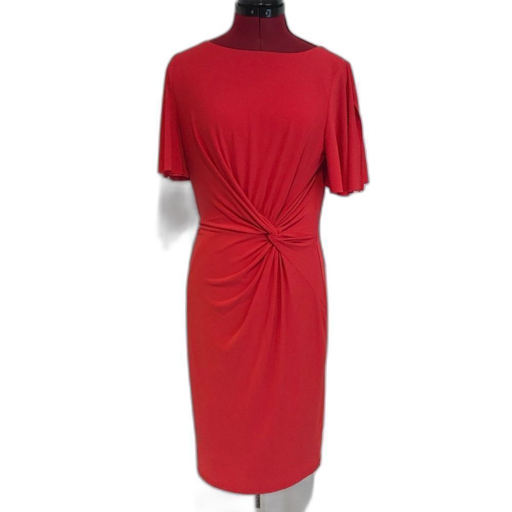 LRL Jersey Sheath Dress Women's Size 6 Red Flutter Sleeves Twisted Knot Waist